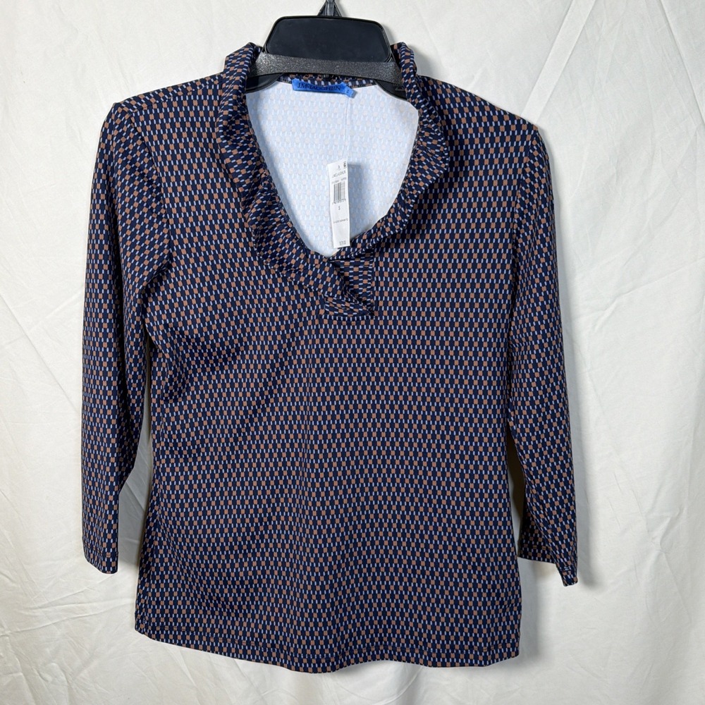 J McLaughlin Womens Navy / Brown Geo Print  Top 3/4 Sleeve NWT Size‎ S
